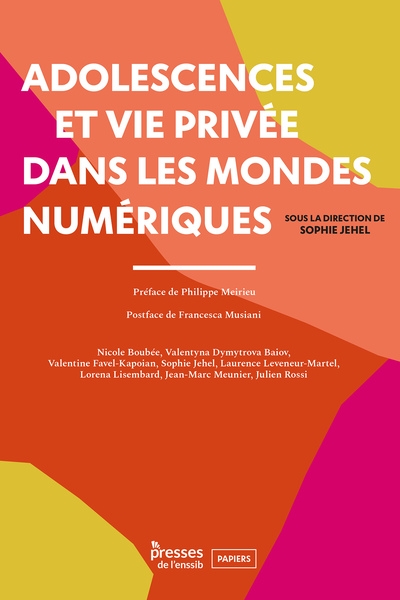 Première de couverture du manuel "Adolescences et vie privée dans les mondes numériques", sous la direction de Sophie Jehel